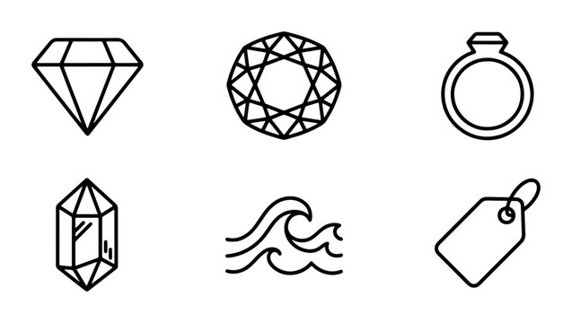 Gemstone Icons, Diamond Ring, Crystal, Ocean Wave, Tag Vector Set, Luxury Jewelry Graphics