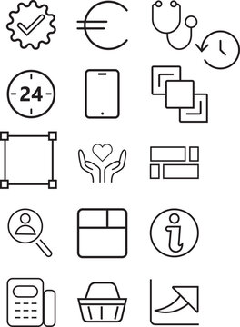 User interface and web minimal line icon set including smartphone, 24 hour service, and care symbols