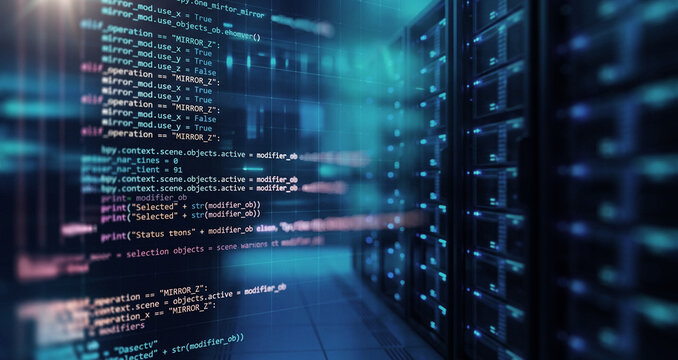 Abstract view of a server room with illuminated servers and digital data streams. Represents technology, data management, and cybersecurity concepts.