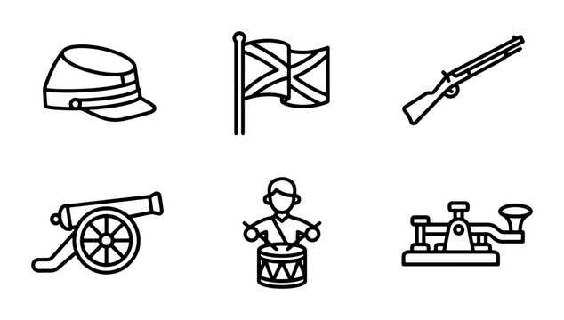 Civil War Icons: Soldier Hat, Flag, Rifle, Cannon, Drummer, Telegraph Machine