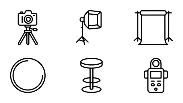 Photography Studio Icons Set: Camera, Light, Backdrop, Stool, Reflector, Light Meter