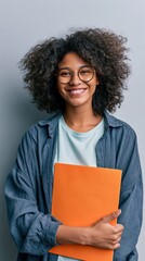 Obraz premium Smiling young woman holding an orange folder against a gray wall for student portrait and profile background