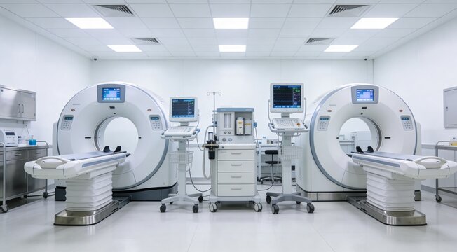 Medical CT or MRI or PET Scan Standing in the Modern Hospital Laboratory. Technologically Advanced and Functional Mediсal Equipment in a Clean White Room. 