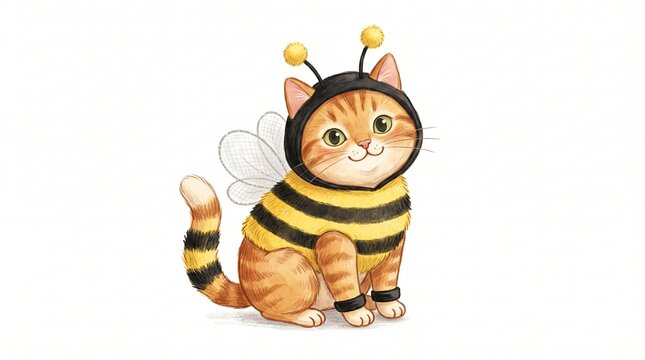 An adorable ginger tabby cat sits happily while dressed in a charming black and yellow bee costume with antennae and wings.
