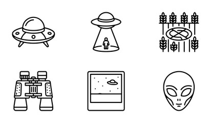 Alien UFO Icons, Extraterrestrial Encounter Set, Space Exploration Graphics, Sci-Fi Vector Elements © Ahad