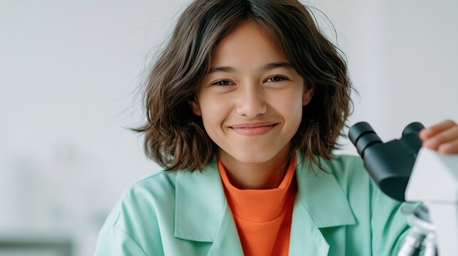 Confident girl in mint lab coat by microscope for stem education poster and science classroom background design promoting young scientists