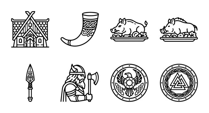 Viking Icons Set: Norse Warrior, Mead Horn, Longhouse, Boar Feast, Spear, Shields