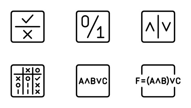 Logic Symbols Set, Boolean Algebra Icons, Mathematical Notation Vector Graphics