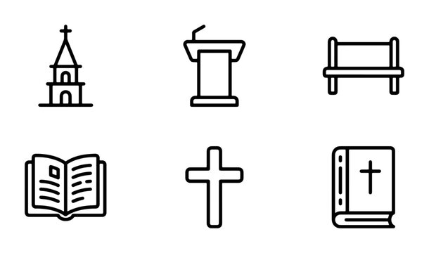Christianity Icons Set, Religious Symbols Vector Graphics, Church Building, Bible, Cross, Pulpit, Bench