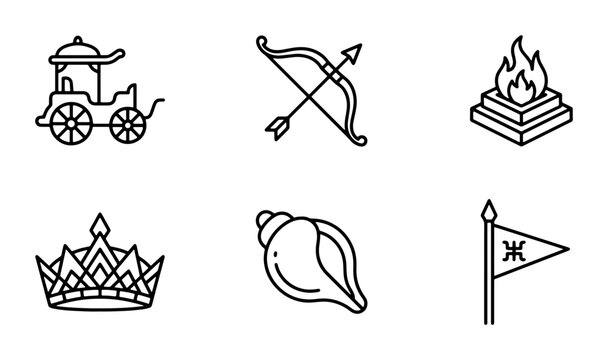 Indian Culture Icons: Chariot, Bow, Fire Altar, Crown, Conch, Flag Set