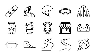 Fototapeta premium Winter Sports Gear Icons, Snowboarding Equipment & Snow Park Elements, 15 Vector Graphics