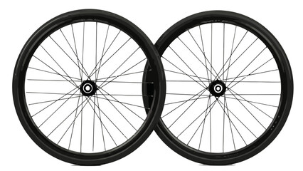 Fototapeta premium Two bicycle wheels with black rims against a white background