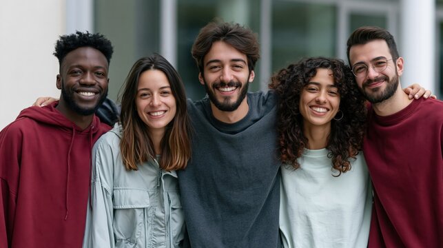 Group of smiling multicultural young friends linking arms outside for community event poster and social campaign background design