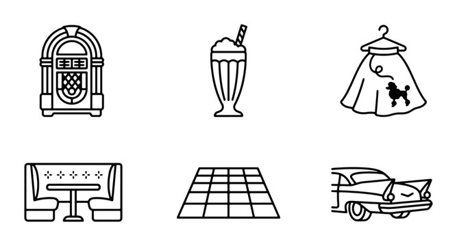 Retro Diner Icons: Jukebox, Milkshake, Poodle Skirt, Booth, Dance Floor, Classic Car