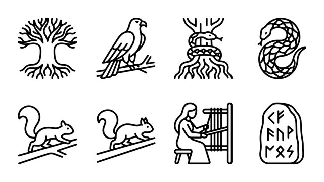 Norse Mythology Symbols: Yggdrasil, Eagle, Squirrels, Weaver, Rune Stone Vector Icons
