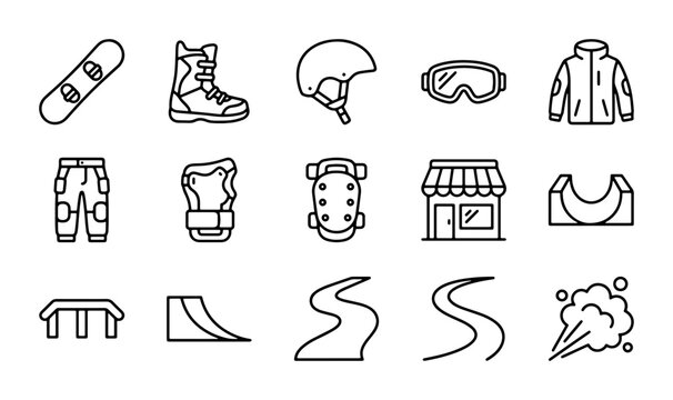 Winter Sports Gear Icons, Snowboarding Equipment & Snow Park Elements, 15 Vector Graphics