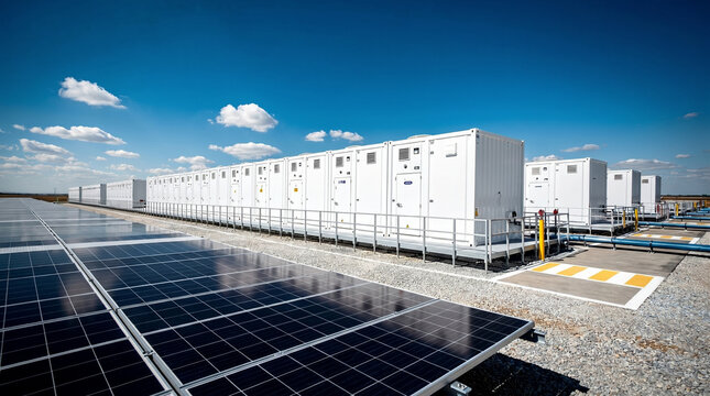 Large-Scale Battery Energy Storage System (BESS) View with Ground Solar Panels and Blue Sky in Tiny angle