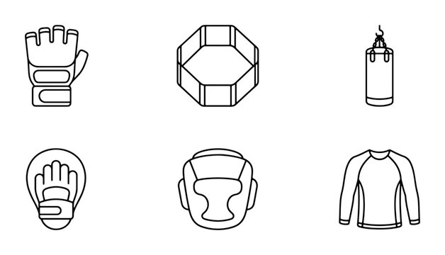 MMA Fighting Icons Set: Gloves, Ring, Punching Bag, Headgear, Rash Guard, Mitts
