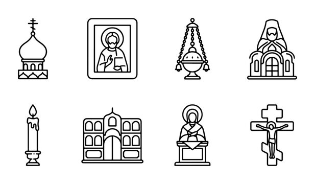 Orthodox Christian Icons, Churches, Candle, Cross, Incense Burner, Vector Set