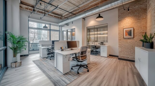 Modern office space with large windows and exposed ductwork