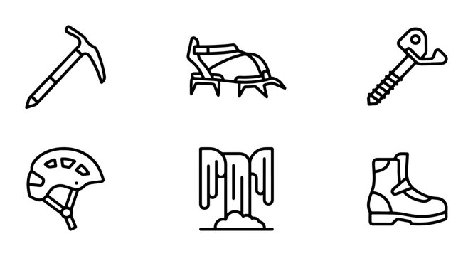 Climbing Gear Icons Set, Mountaineering Equipment Vector Collection, Outdoor Adventure Symbols