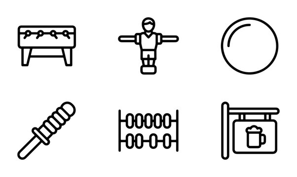 Foosball Player, Table, Ball, Abacus, Baton, Beer Sign Icons: Retro Game & Bar Graphics