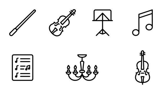 Classical Music Icons: Violin, Cello, Conductor Baton, Music Stand, Notes, Chandelier