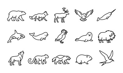 Arctic Animals Vector Icons Set, Polar Wildlife Illustrations, Cute Mammals and Birds Collection © Hanif