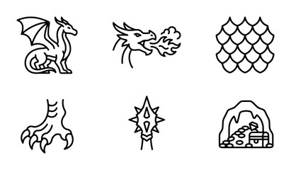 Dragon Icons Set, Mythical Creature Graphics, Fantasy Elements, Treasure Chest Vector Art © Hanif