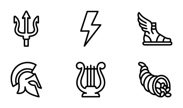 Greek Mythology Icons Set: Trident, Lightning, Winged Sandal, Helmet, Lyre, Cornucopia