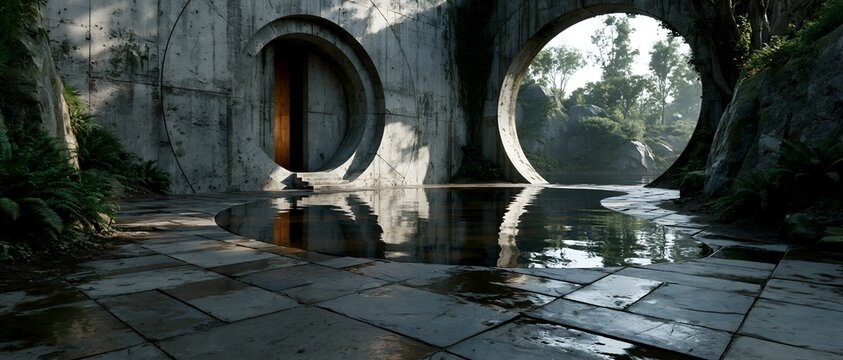 Ancient stone arches frame lush greenery. 64k 8k widescreen, HDR,