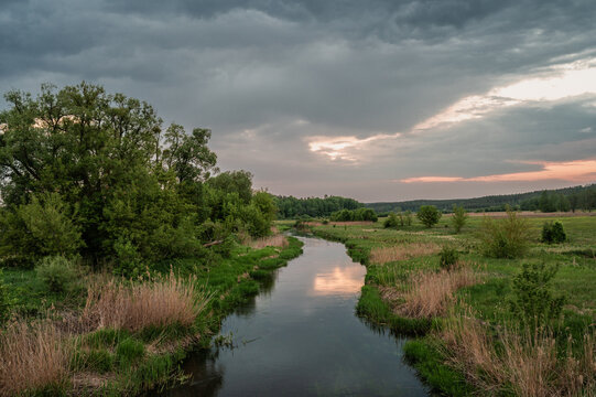Suprasl River Landscape with Meadow and Forest in Poland