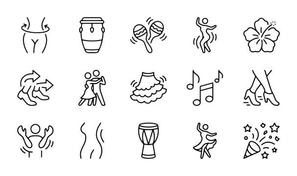 Latin Dance & Music Icons: Salsa, Conga, Maracas, Festive Celebration Vector Set
