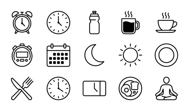 Daily Routine Icons: Time, Food, Sleep, Health, Calendar, Morning, Night, Activities