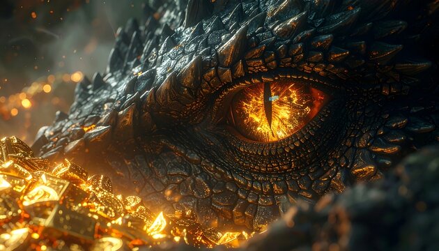 Close-up of a fearsome dragon's eye with intricate scales and fiery hues. Gold coins glimmer alongside