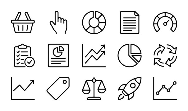 Business Analytics Icons Set: Data Charts, Growth Graphs, Shopping Cart, Rocket, Scales