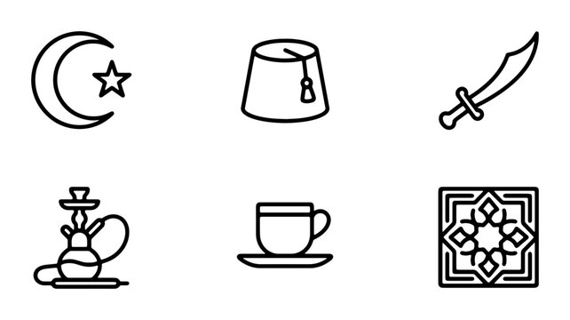 Islamic Culture Icons Set: Crescent Moon, Fez Hat, Scimitar, Hookah, Coffee Cup, Geometric Pattern