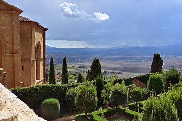 Naklejka premium Pienza, le colline della Val d'Orcia dalla loggia di Palazzo Piccolomini, Val d'Orcia, Toscana
