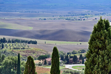 Naklejka premium Pienza, le colline della Val d'Orcia dalla loggia di Palazzo Piccolomini, Val d'Orcia, Toscana