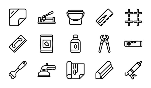 Tiling Tools Icons Set, Construction Equipment Vector Graphics, Home Renovation Supplies, DIY Project Elements