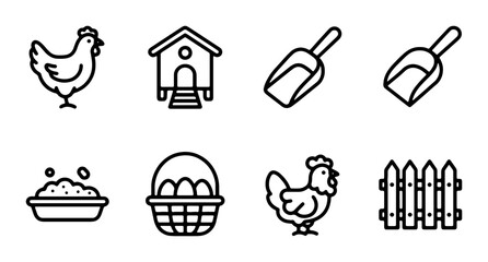 Chicken Coop Icons, Farm Animals, Egg Basket, Scoop, Fence, Simple Line Art Vector Set © Anik