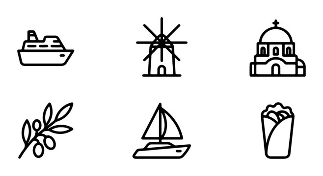 Greek Island Icons Set: Cruise Ship, Windmill, Church, Olive Branch, Sailboat, Gyro