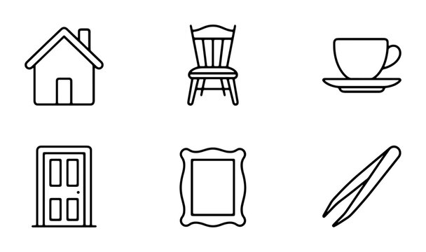 Home Icons: House, Chair, Cup, Door, Frame, Tweezers, Vector Set