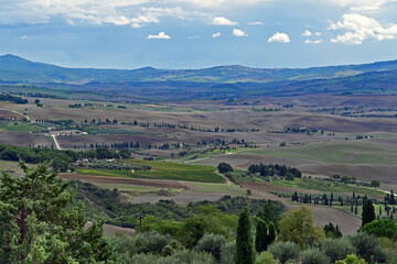 Naklejka premium Pienza, le colline della Val d'Orcia dalla loggia di Palazzo Piccolomini, Val d'Orcia, Toscana