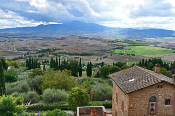 Naklejka premium Pienza, le colline della Val d'Orcia dalla loggia di Palazzo Piccolomini, Val d'Orcia, Toscana