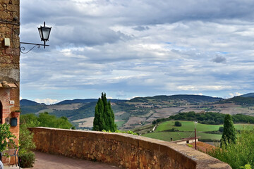 Naklejka premium Pienza, le colline della Val d'Orcia dalla loggia di Palazzo Piccolomini, Val d'Orcia, Toscana