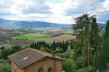Naklejka premium Pienza, le colline della Val d'Orcia dalla loggia di Palazzo Piccolomini, Val d'Orcia, Toscana