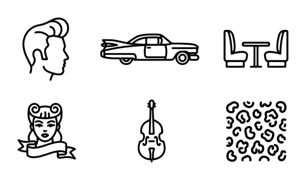 Retro 50s Icons: Rockabilly Style, Classic Car, Diner Booth, Pin-up Girl, Double Bass, Leopard Print