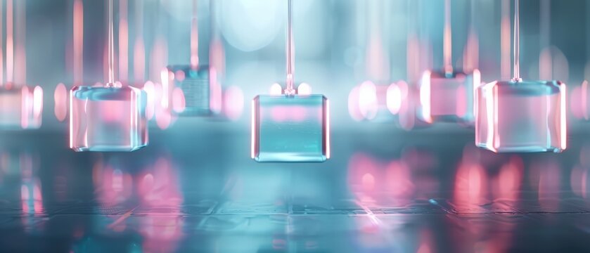 A modern abstract design with translucent cubes and colorful lighting creating a futuristic atmosphere.