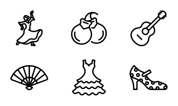Flamenco Dancer Icons, Guitar, Castanets, Dress, Fan, Shoe Vector Set
